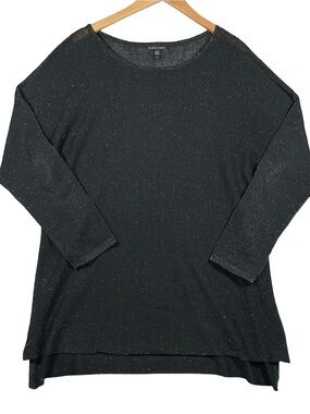 Eileen Fisher Black Sparkle Long-Sleeve Tunic Top Organic Linen Blend